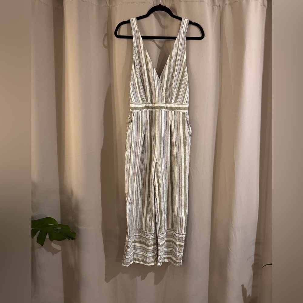 Altar'd State Olive and Cream Striped Jumpsuit with pockets